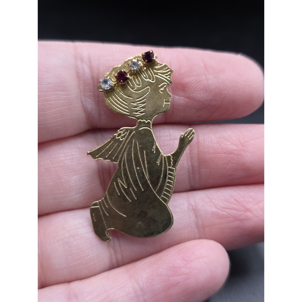 Vintage Child Angel Brooch Pin Gold Tone Red Rhinestone Religious